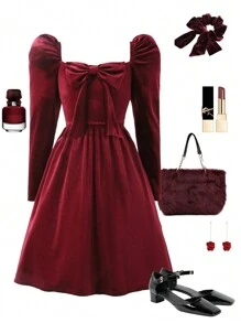 SHEIN Leap Crew 青少年女孩甜心领蝴蝶结装饰泡泡袖天鹅绒优雅连衣裙，适合圣诞节、派对、日常外出、生日派对、新年派对、母女装、淑女连衣裙、酒红色连衣裙 - 酒紅色 - 查看 5