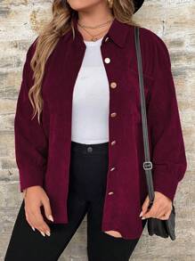 SHEIN LUNE Plus Size Women Casual Solid Color Drop Shoulder Loose Pockets Button-Down Shirt
