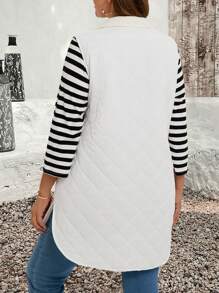 EMERY ROSE Plus Size Geometric Quilted Stand Collar Zip-Up Pockets Vest Padded Coat In Fall/Winter - White - View 2