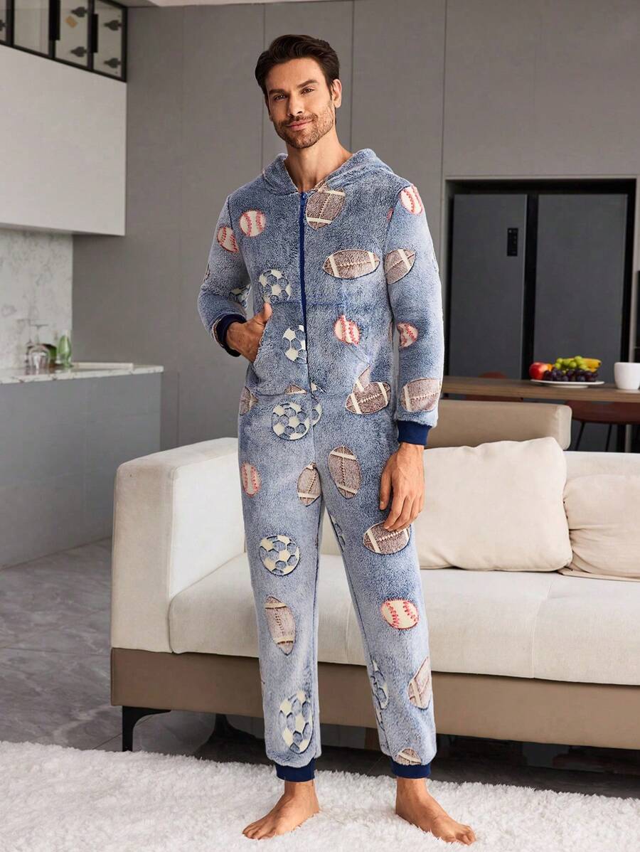 男童蓝色简约舒适夜光恐龙毛绒连脚睡衣，爸爸和我的配套服装（2 件单独出售） - 藍色 - 查看 1