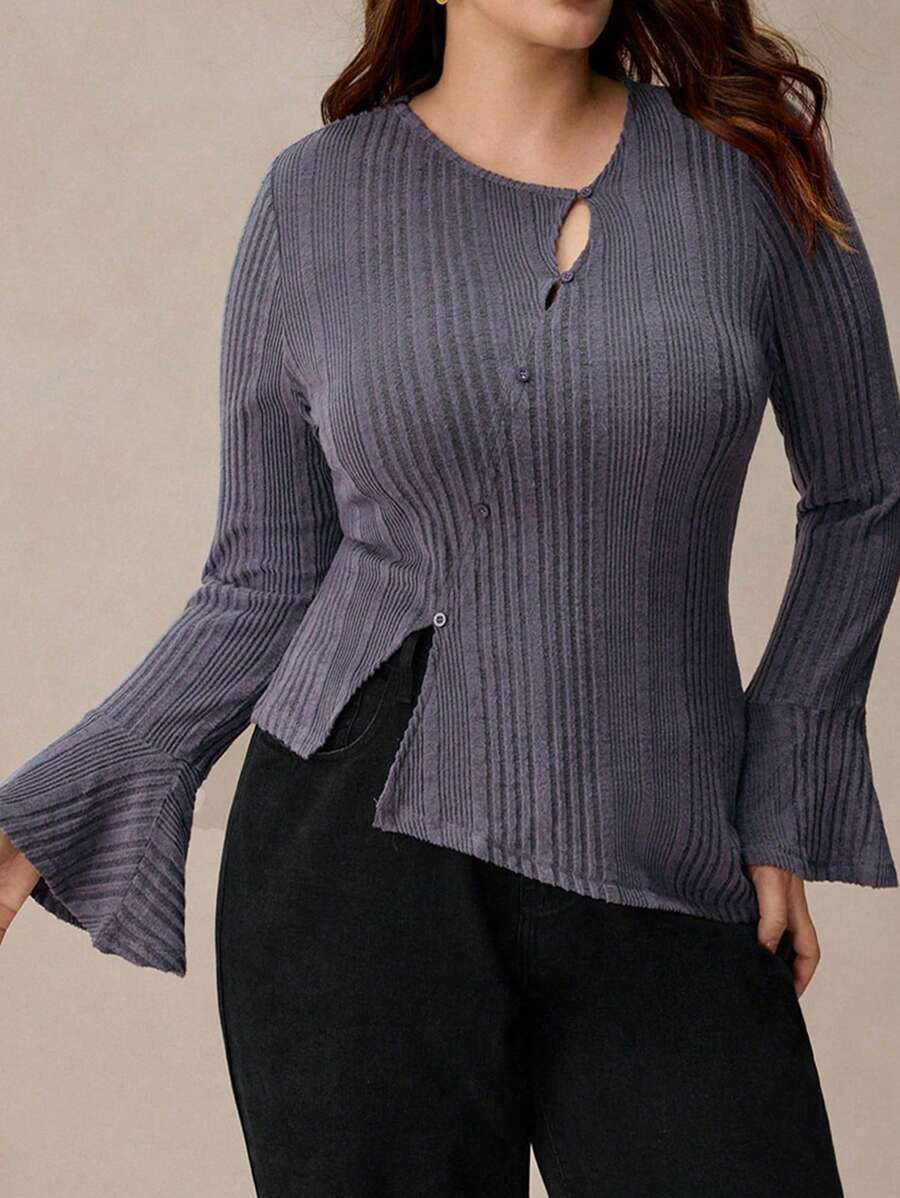 SHEIN Frenchy Plus Size Women's Elegant Asymmetric Neck Ribbed Long Sleeve Slim Fit T-Shirt,Sky Blue,Autumn,Smart Casual,Everyday,Dark Gray Soft Knit Top,FW24 - Grey - View 1