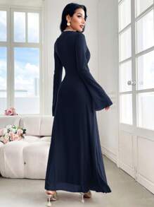 Modelyn 女士纯色圆领扭结设计优雅长袖连衣裙长款晚礼服 - 藏蓝色 - 查看 2