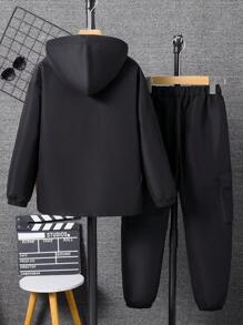 SHEIN Boys Teenagers Casual Contrast Color Hoodie Set - Black - View 2