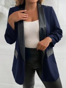 SHEIN LUNE Áo khoác Blazer cổ tròn Colorblock cỡ lớn cho mùa thu - Màu xanh hải quân - Xem 5