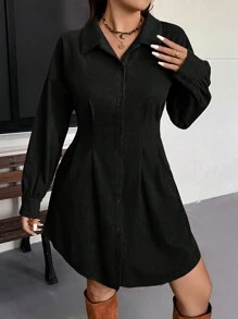 SHEIN VCAY Plus Size Autumn/Winter Waist-Cinched Cardigan Style Casual Retro Dress,Graduation Dress - Black - View 4