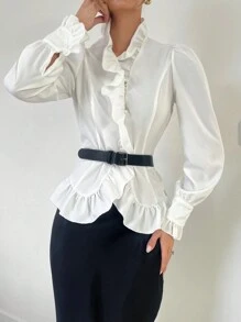 Chiquease Elegant Puff Sleeve Frill Trim Shirt, Suitable For Birthday Party - White - View 5