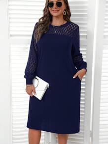 EMERY ROSE Plus Size Women's Solid Color Round Neck Contrast Lace Long Sleeve Straight Elegant Fall Dress