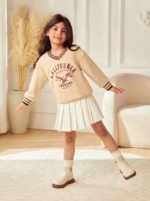 SHEIN 年轻女孩条纹印花 V 领长袖宽松休闲运动衫，秋季 - 卡其色 - 查看 9