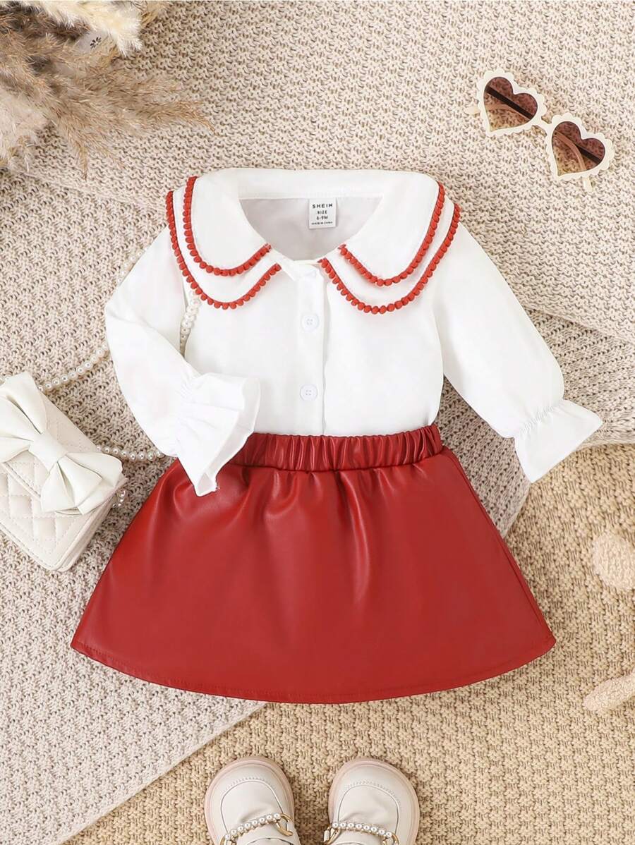 SHEIN Baby Girls Elegant Vintage Fashion Shirt Set, Spring/Autumn - Red - View 1