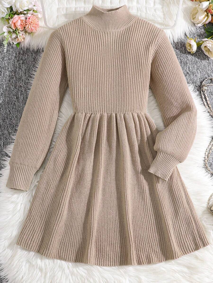 SHEIN Leap Crew 少女杏色优雅休闲灯笼袖高领 A 字型收腰毛衣连衣裙