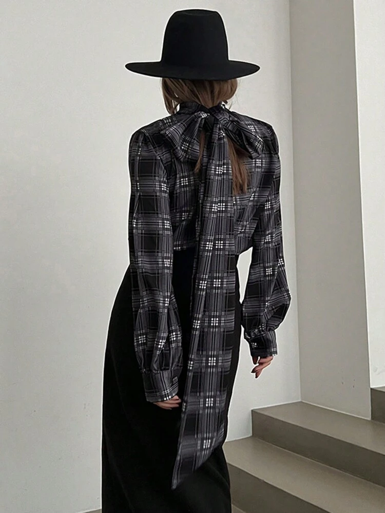 Women's Plaid Print Ribbon Tie Loose Blouse,Fall Clothes,Flannels Women Long Sleeve Top