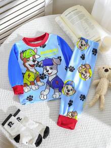 SHEIN Playful Pals Baby Boy Cartoon Puppy Print Colorblock Rib Crew Neck Long Sleeve T-Shirt And Pants Casual Outfit, Spring Autumn - Multicolor - View 2