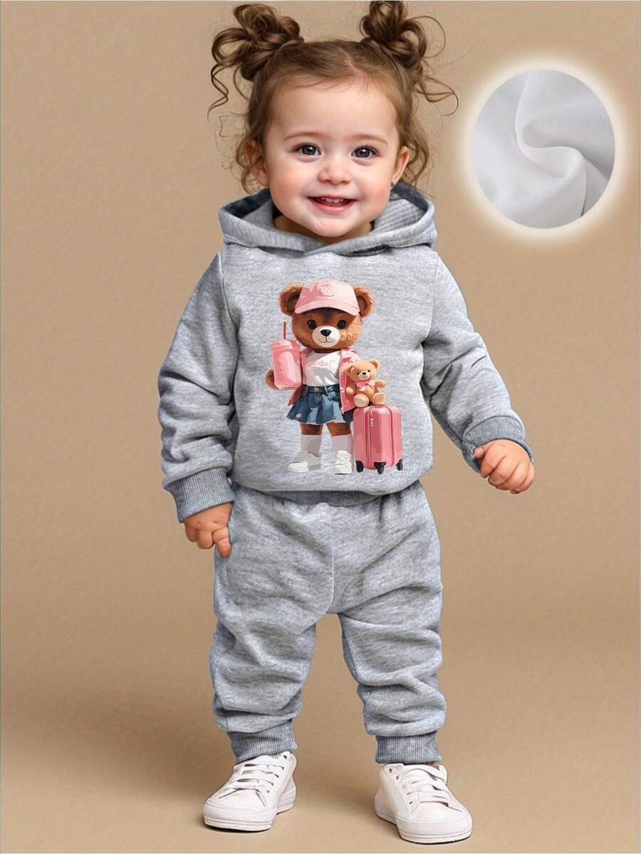 2 件套女婴可爱粉色手提箱和熊印花连帽衫和裤子套装，秋冬休闲风格 - 灰色 - 查看 1