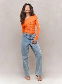 MISSGUIDED 不对称平纹针织褶饰单肩长袖上衣 - 橘色 - 查看 4