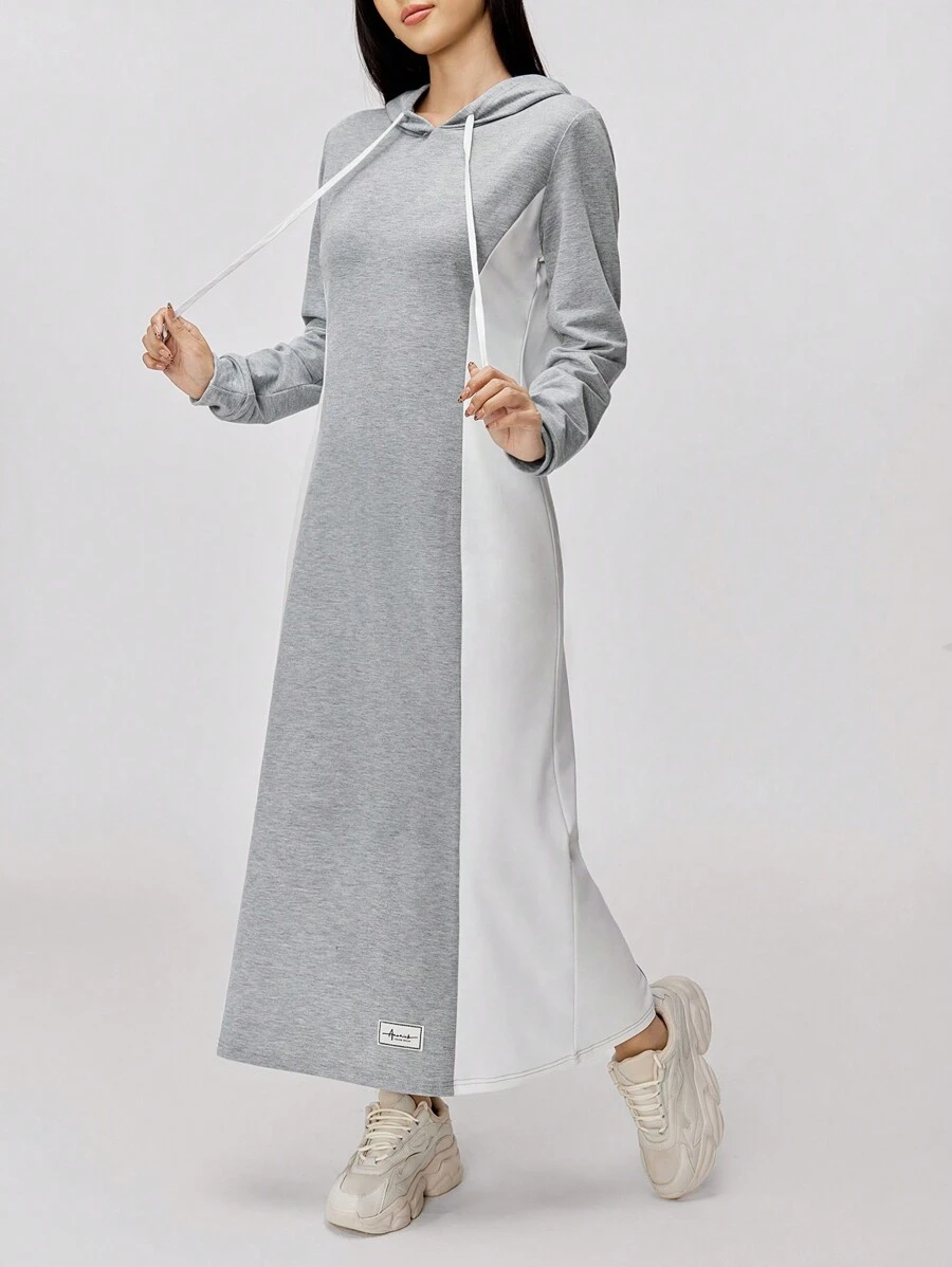 Mulvari Váy dài trùm đầu có dây rút màu tương phản chắp vá thường ngày dành cho nữ, mùa thu - Xám - Xem 1