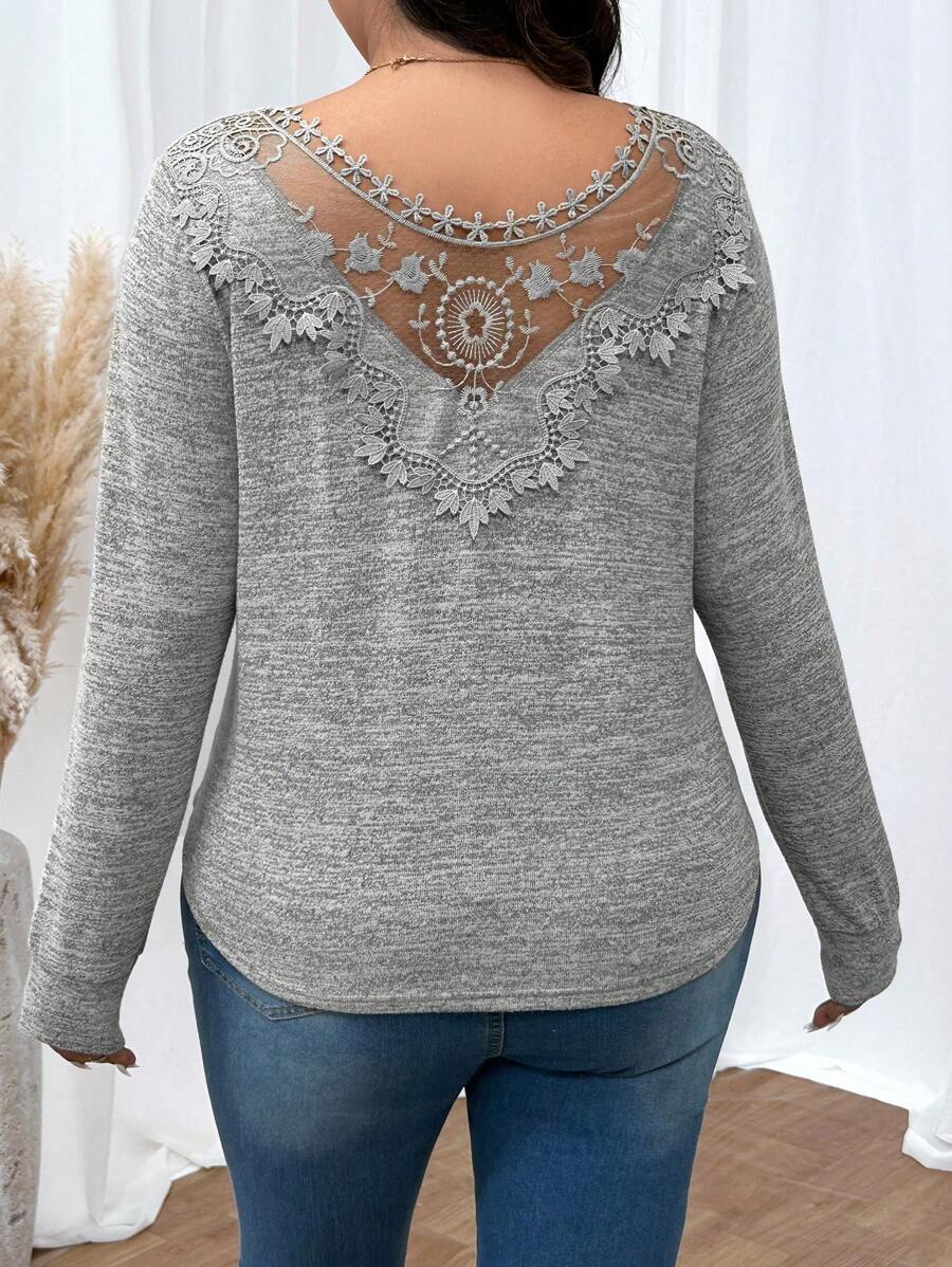 SHEIN Frenchy Casual Lace Hollow Patchwork Khaki Color Women Sweatshirt