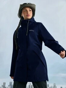 In My Nature Women Letter Print Zip-Up Drawstring Hooded Waterproof Windbreaker Raincoat, For Outdoor