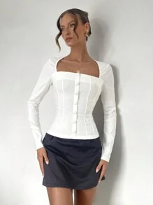 Pariaura 小众设计修身长袖方领衬衫，百搭，长袖上衣 - 白色 - 查看 4