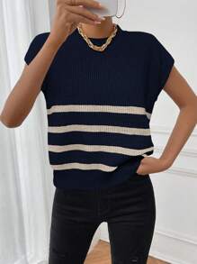 Chiquease Chaleco holgado de punto casual con cuello redondo a rayas para mujer, otoño/invierno - Azul Marino - Ver 3