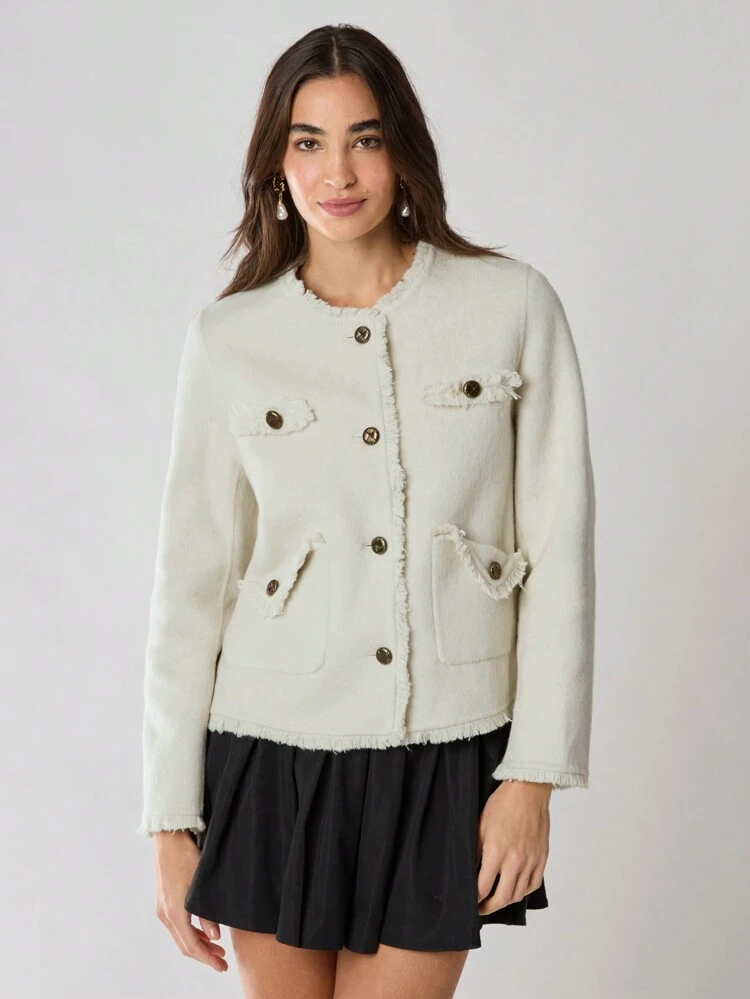 Novos Produtos de Outono e Inverno, Sobretudo Elegante de Mangas Longas com Abotoamento Frontal e Acabamento Esfarrapado Dupla Face para Mulheres, Roupas Femininas de Outono e Inverno, Conjuntos Femininos de Outono, Roupas de Inverno, Roupas para Clima Frio, Casaco Feminino de Inverno, Roupas de Natal Femininas