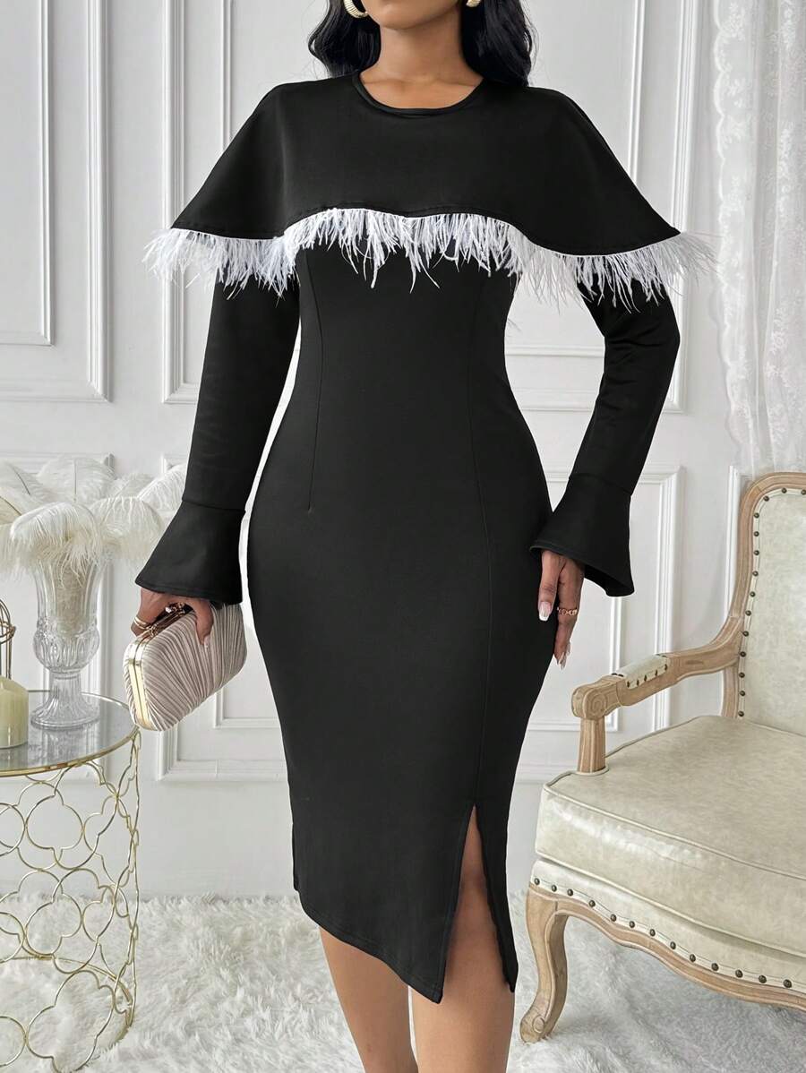 SHEIN Clasi 1 chiếc váy midi xẻ tà tay loe nhún bèo thanh lịch cho nữ - màu đen - Xem 1