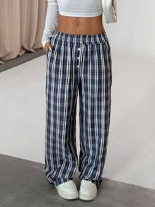 Flirla Women's Fashionable Loose Plaid Straight Leg Pants, Casual Wear