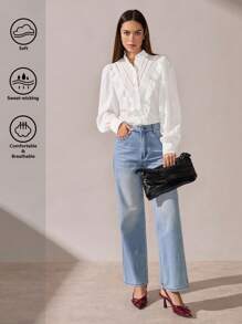 BizChic 女士优雅荷叶边长袖衬衫，假日白 - 白色 - 查看 1