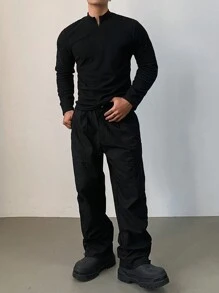 DAZY 男士纯色立领拉链长袖修身运动T恤，秋季款，四分之一拉链男款 - 黑色 - 查看 4