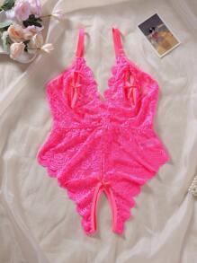 大碼花卉蕾絲貝殼邊深V領前蝴蝶結性感緊身連體衣 - 粉色 - 查看 6