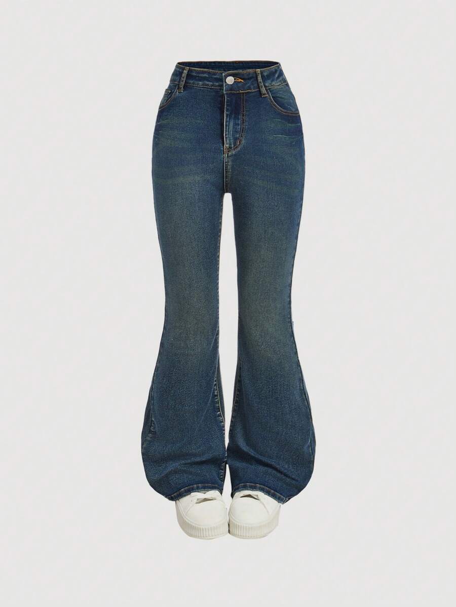 SHEIN Girlism 少女Y2K水洗高腰猫须水洗喇叭牛仔裤，返校街头风 - 深色水洗藍 - 查看 1