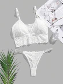 女士花邊胸罩和閃粉內褲內衣套裝 - 白色 - 查看 6