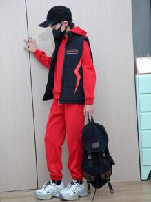 Bộ trang phục nhiều mảnh dành cho bé trai tuổi teen, bao gồm áo vest không tay in họa tiết dày, áo hoodie và quần nỉ, dành cho trang phục thường ngày trên phố vào mùa đông và các môn thể thao ngoài trời - màu đen - Xem 6