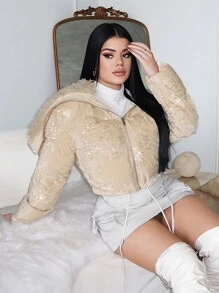 SHEIN SXY 女士蓬松翻领亮片缀饰黄色大衣，冬季 - 黃色 - 查看 1