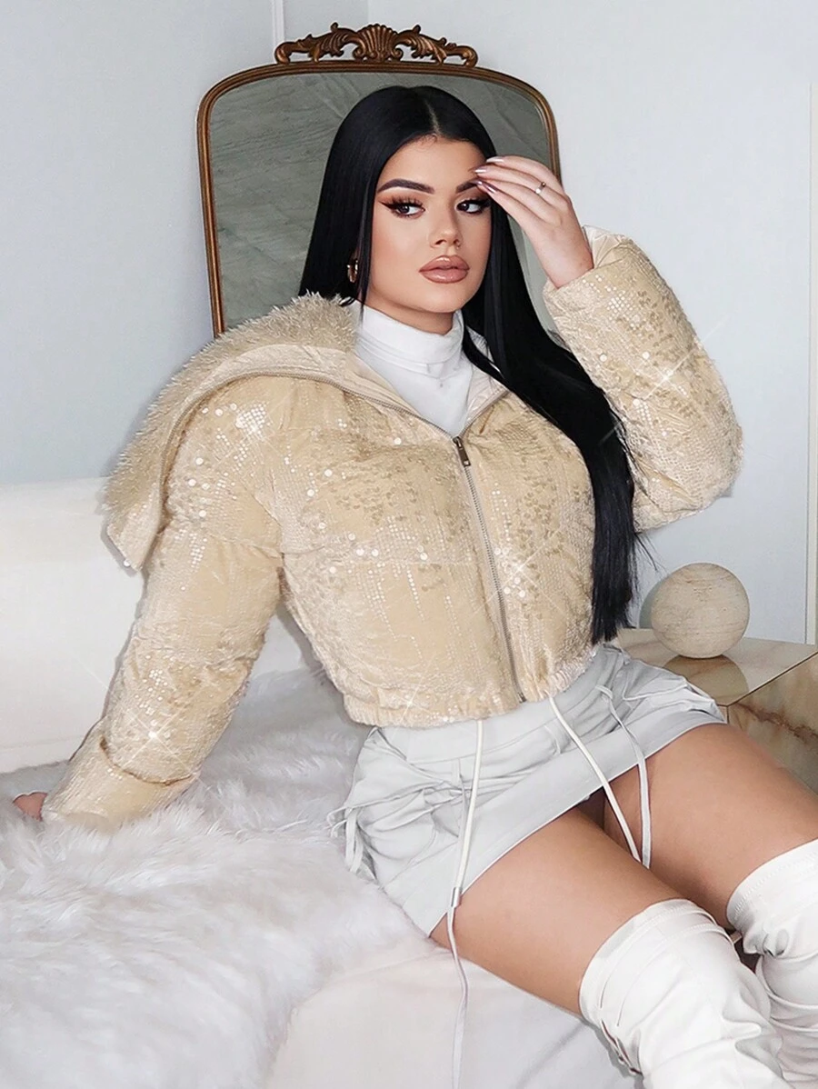 SHEIN SXY 女士蓬松翻领亮片缀饰黄色大衣，冬季 - 黃色 - 查看 1