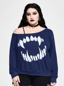 ROMWE Plus Size Gothic Style Oblique Shoulder Strap Fang Print Oversize Women Loose Fit Long Sleeve Sweatshirt - Navy Blue - View 6