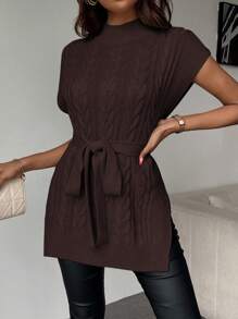 EMERY ROSE High Collar Split Waist Belt Elegant Sleeveless Sweater Vest - Chocolate Brown - View 3