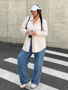 SHEIN EZwear 大码女式纯色长袖单排扣休闲衬衫，秋季 - 杏色 - 查看 7