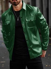 Manfinity Men's Solid Color Long Sleeve PU Leather Single-Breasted Utility Shacket, Autumn - Dark Green - View 6