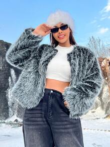 SHEIN EZwear Plus Size Women's Solid Color Long Sleeve Open Front Loose Furry Winter Coat, Warm Clothes