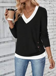 SHEIN LUNE Camiseta casual de manga larga con cuello en V y bloqueo de color para mujer, blusas gráficas para mujer para atuendos de primavera