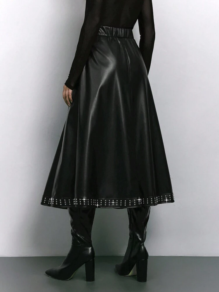 SHEIN Maija Women's Autumn/Winter Black PU Leather Rivet Metal Decor Pleated Hem Long Skirt