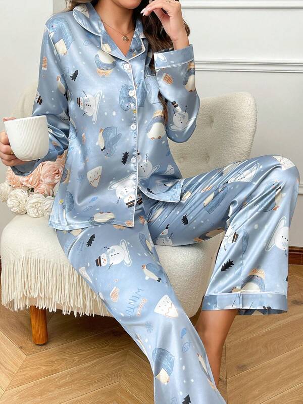 Cute Penguin & Snowman Print Faux Silk Lapel Collar Long Sleeve Pajama Set