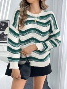 SHEIN LUNE Women Crew Neck Colorblock Stripe Print Casual Pullover Sweater Knit Pullover Fall Winter Outfit - Multicolor - View 6