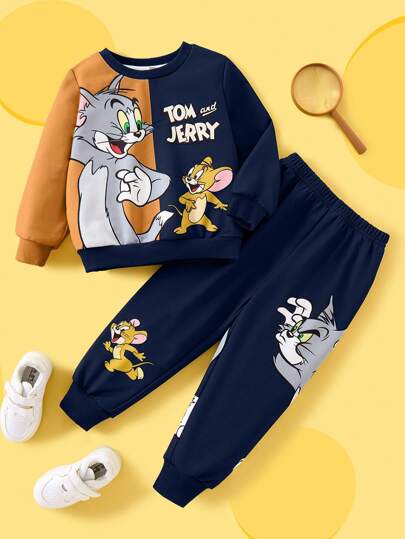 TOM & JERRY X SHEIN Conjunto de 2 piezas para niño pequeño: sudadera con estampado de gato y ratón de dibujos animados y pantalones a juego