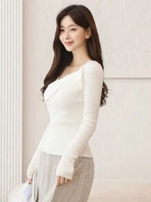 DAZY 1 pièce Pull tricoté ajusté asymétrique de couleur unie décontracté pour femmes, vêtements d'automne
