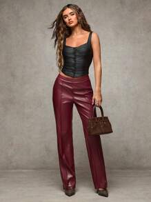 SHEIN BAE Quần ống đứng lưng thấp bằng da nhân tạo PU màu đỏ tía mùa thu đông dành cho nữ/Thích hợp cho tiệc hóa trang/Dạo chơi thời trang và đa năng/Đi làm và giải trí/Quần thường ngày/Phong cách cổ điển/Quần nữ mùa đông/Quần da - Màu Đỏ Sâu - Xem 3