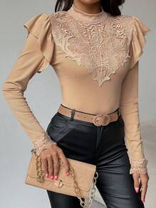 Chiquease 女士优雅高领连身衣，带花卉刺绣、荷叶边袖口和下摆、弹性针织 - 适合工作、休闲或性感穿着 - 卡其色 - 查看 6