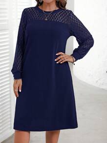 EMERY ROSE Plus Size Women's Solid Color Round Neck Contrast Lace Long Sleeve Straight Elegant Fall Dress