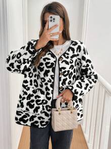 SHEIN Frenchy Áo khoác thường ngày bông in họa tiết da báo cho nữ - Màu be - Xem 5