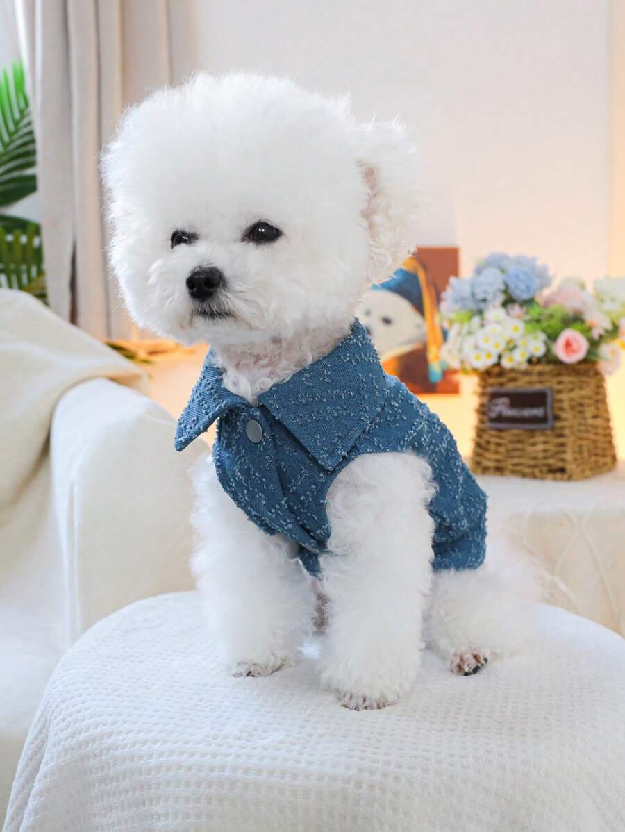 PETSIN 1 件装宠物狗蓝色休闲时尚外套背心带牵引绳，狗衣服 - 藍色 - 查看 1